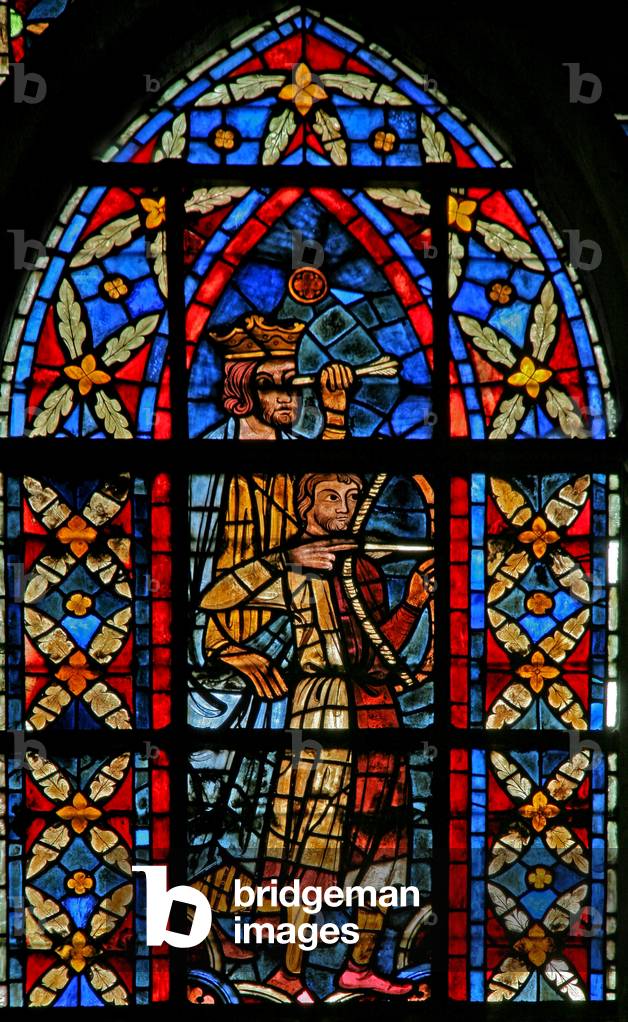 Window w209 depicting a scene from the life of St Savinien: an archer aims at Savinien tied to a column .... b