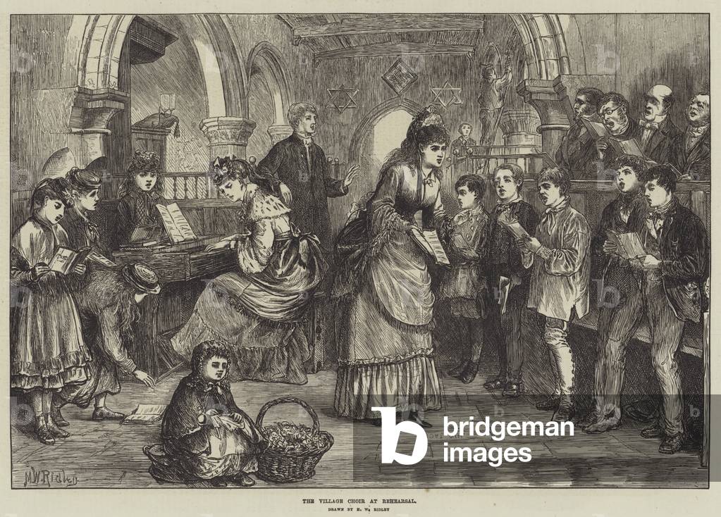 "Der Dorfchor bei der Probe (Gravur)" 1871 von Matthew White Ridley, b/w