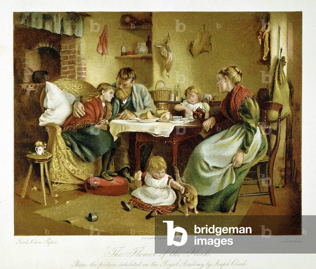 Il Fiore del gregge Artigiano famiglia contadina al tavolo da tè mostrando amorevole e disperata preoccupazion