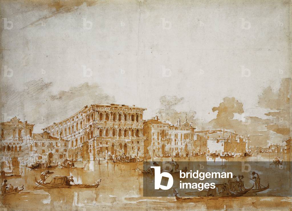 Il Canal Grande con la Ca' Pesaro (recto), (gesso nero, penna e inchiostro marrone, marrone lavaggio)