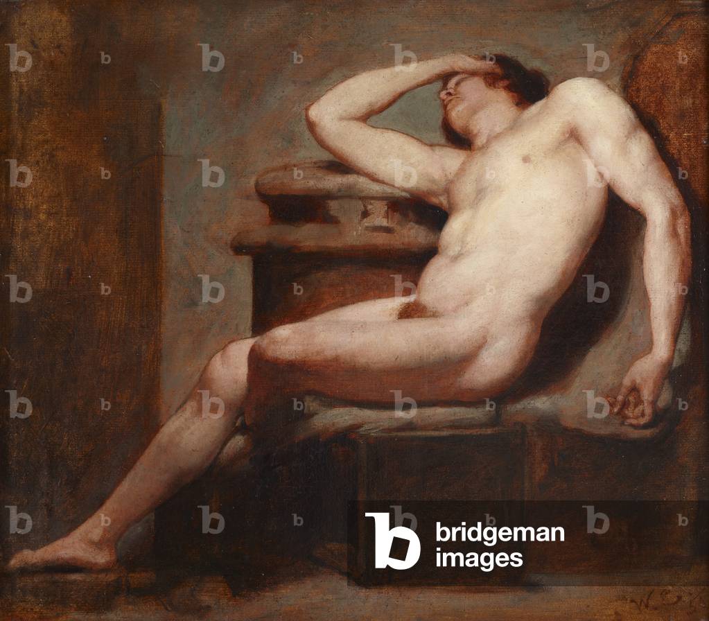 Bild von Gemälde "akademische studie von einem liegend männlich nackt schlafen" von William Etty, b/w
