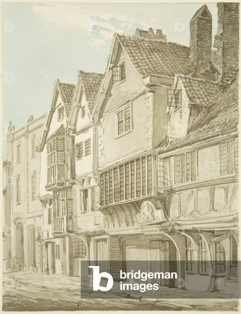 Alte Häuser in Lewin's Mead, die 'Adam und Eva' zeigen (Bleistift & Aquarell auf Papier)