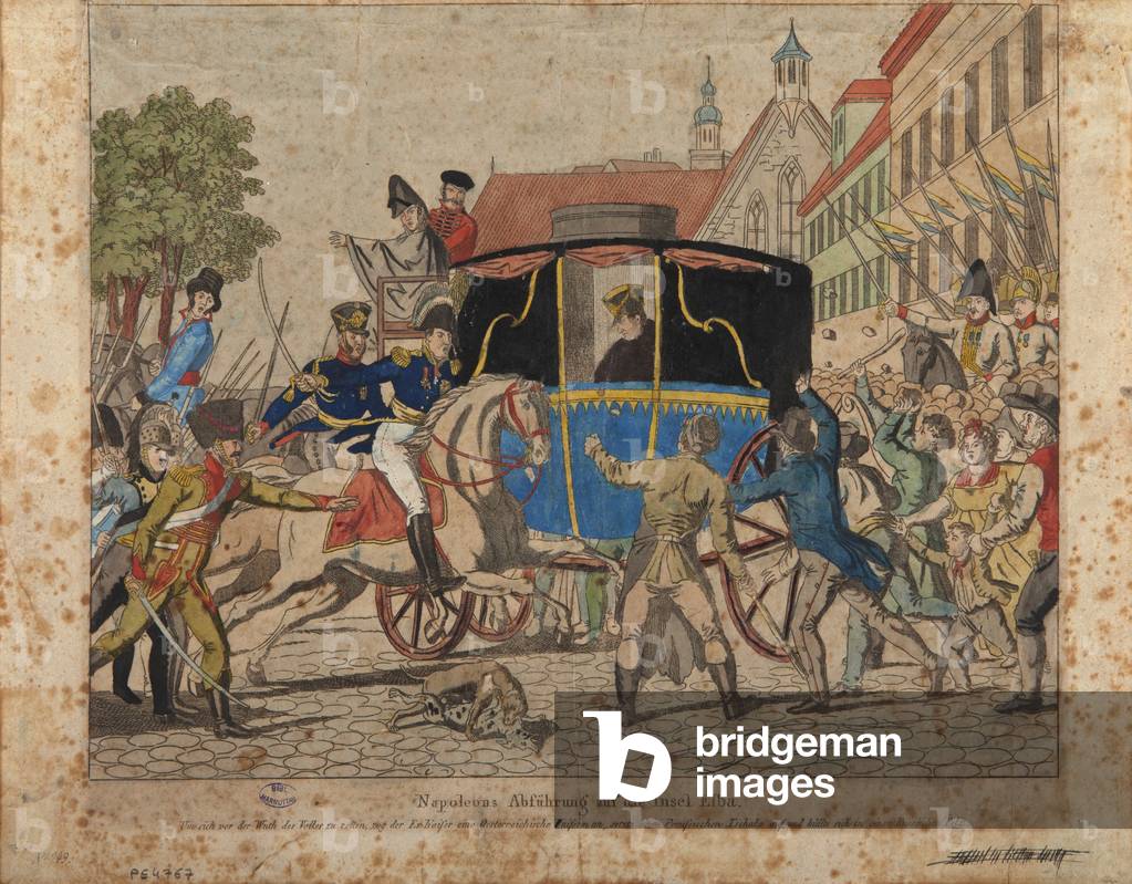 Image of Napoleon's exile to the island of Elba (coloured engraving) by