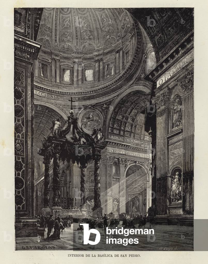Interior of St Peter's Basilica (engraving) by Gustave Bauernfeind