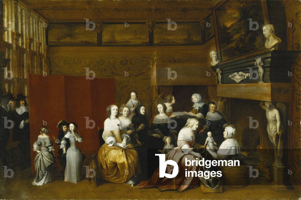 signore celebrando la nascita di un bambino, e signori Guardando da dietro un schermo, in un interno, (olio su