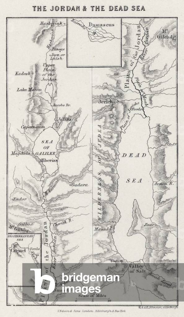Der Jordan und das Tote Meer (farbige Gravur)