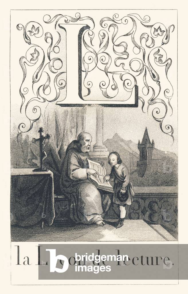 Immagine di Incisione "L: La lezione di lettura" 1840 di French School