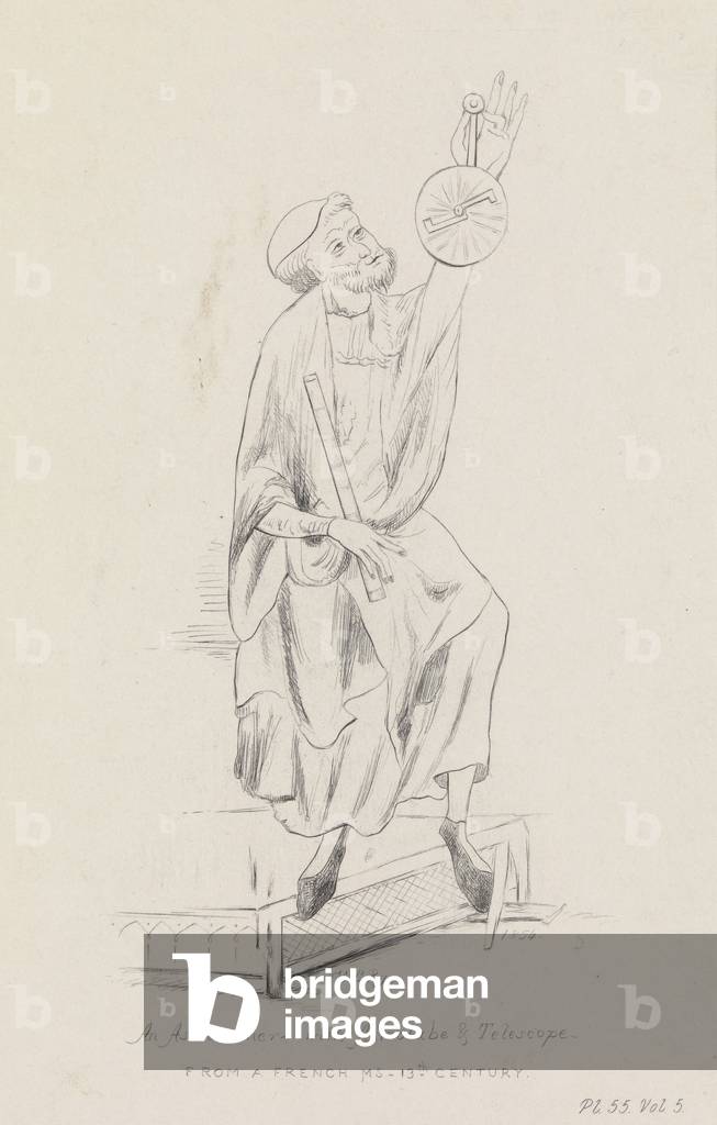 Bild von Gravur "Ein Astronom mit Astrolabium und Teleskop" 1854 von William Brenchley Rye