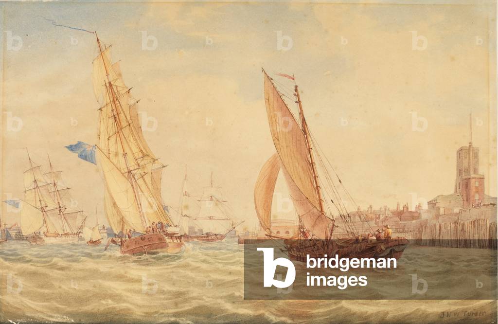 Immagine di Disegno "Tre piste di guerra e uno schiaffo da pesca che entra in habour", c.1800-30 di Joseph Mal