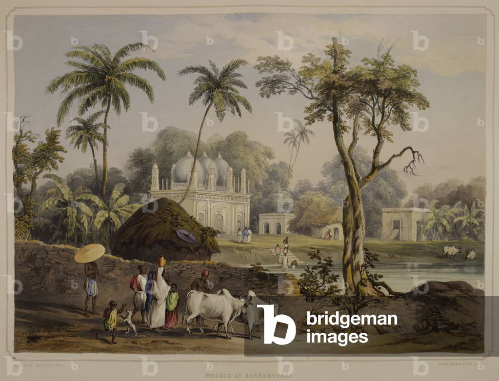 "Moschee in Borranypore. Leute baden in einem Fluss. Von Ansichten von Kalkutta und seiner Umgebung."
