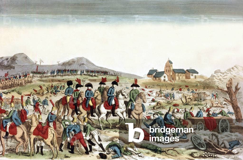 Bild von Gravur "Französischer Kaiser Napoleon 1. Besuch des Schlachtfeldes Eylau in Preußen am 17. März 1807"