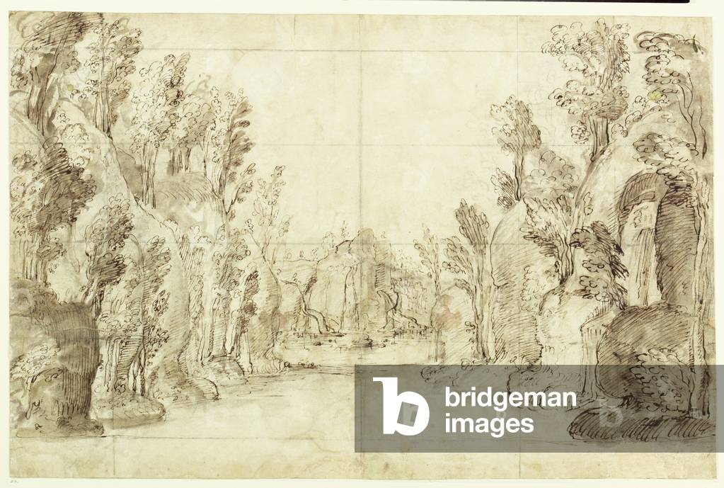 Chloridia — Scene 1: A Landscape, 1631 (braune Tinte und graue Waschung über Graphit auf Papier)