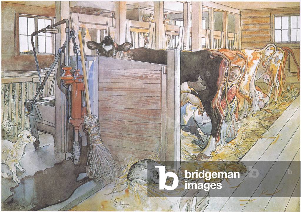 Johana Melken der Kühe (Farbe Litho)