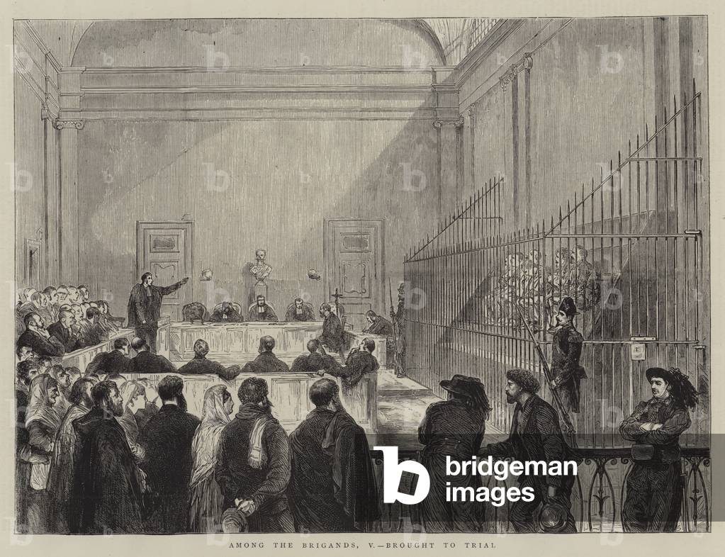 Tra i Briganti, V, portato a processo (incisione)