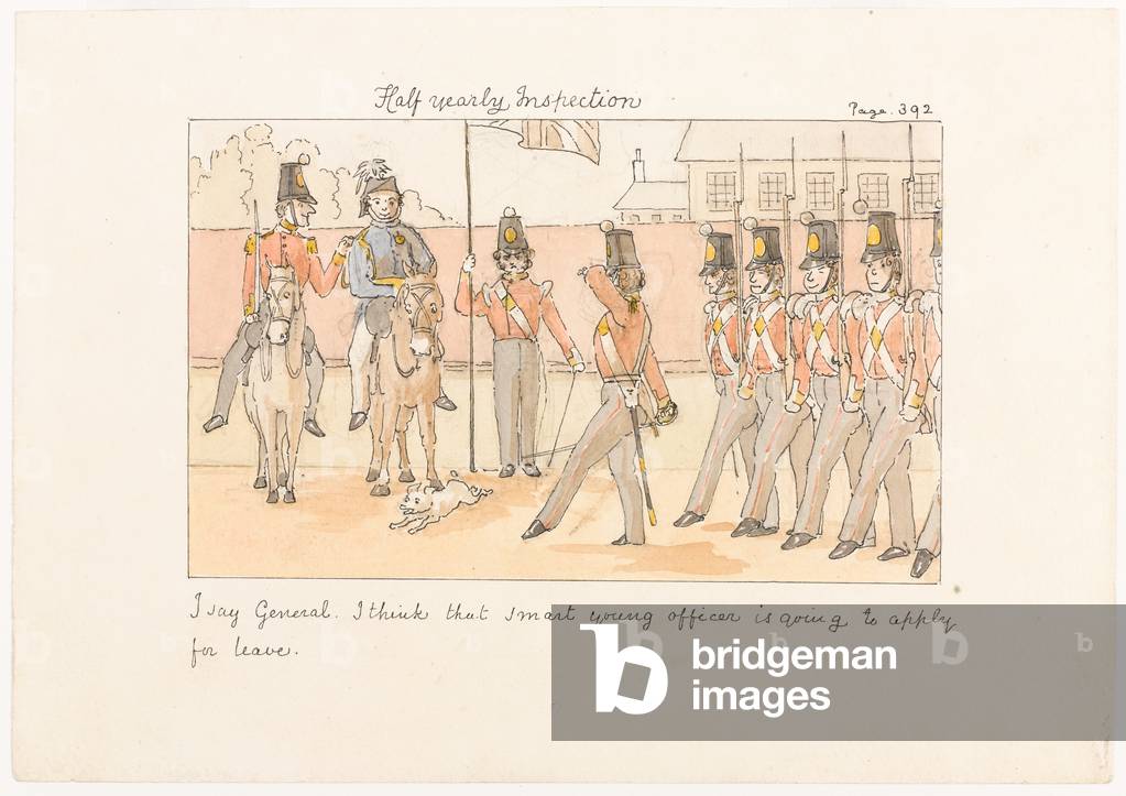 Ispezione semestrale, da scene di vita in un reggimento di fanteria, 1850 circa (w/c)
