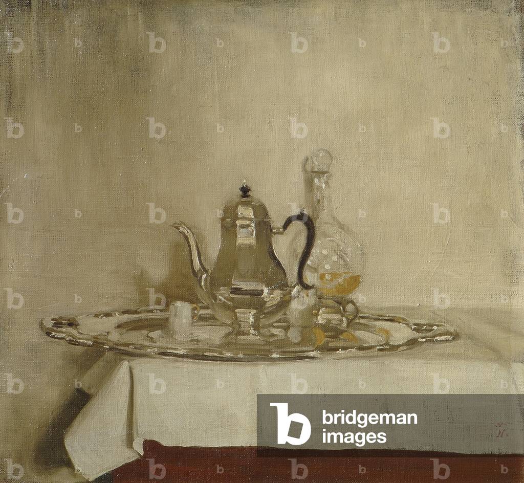 Image of Painting depicting Silver Coffee Pot on a Silver Tray, 1918 by William Nicholson, b/w