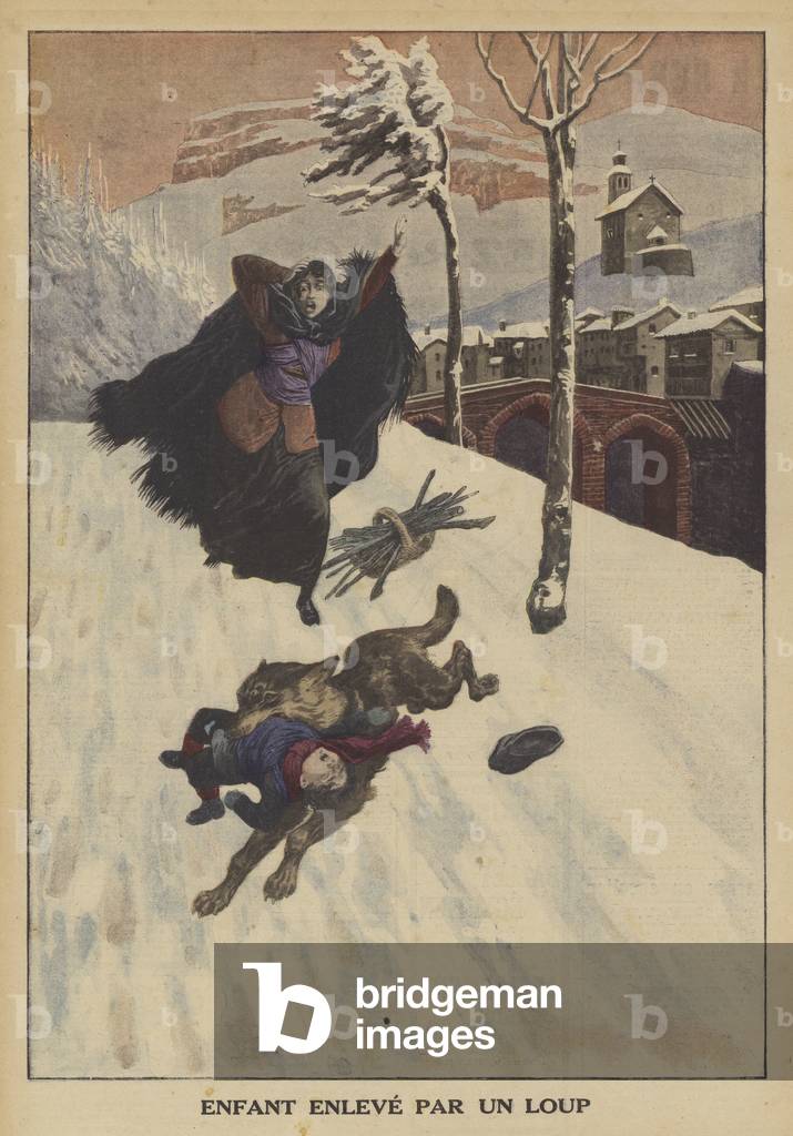 Ein Kind von einem Wolf getragen (Farbe litho)