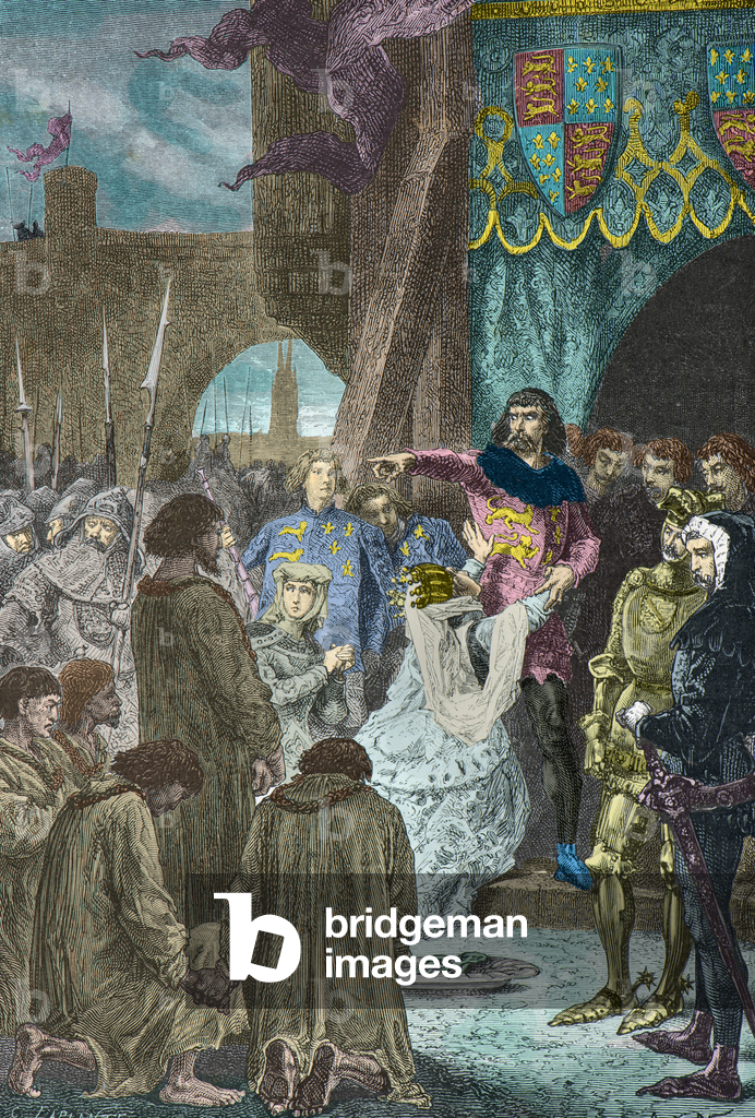 Philippa de Hainaut bittet Edward 3 von England, die Bürger von Calais im Jahr 1347 zu verschonen (Kupferstich