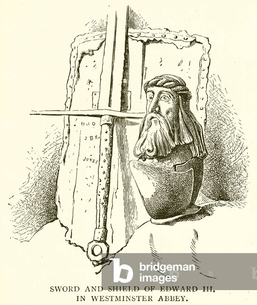 "Spada e Scudo di Edoardo III in Abbazia di Westminster (incisione)" di English School, b/w