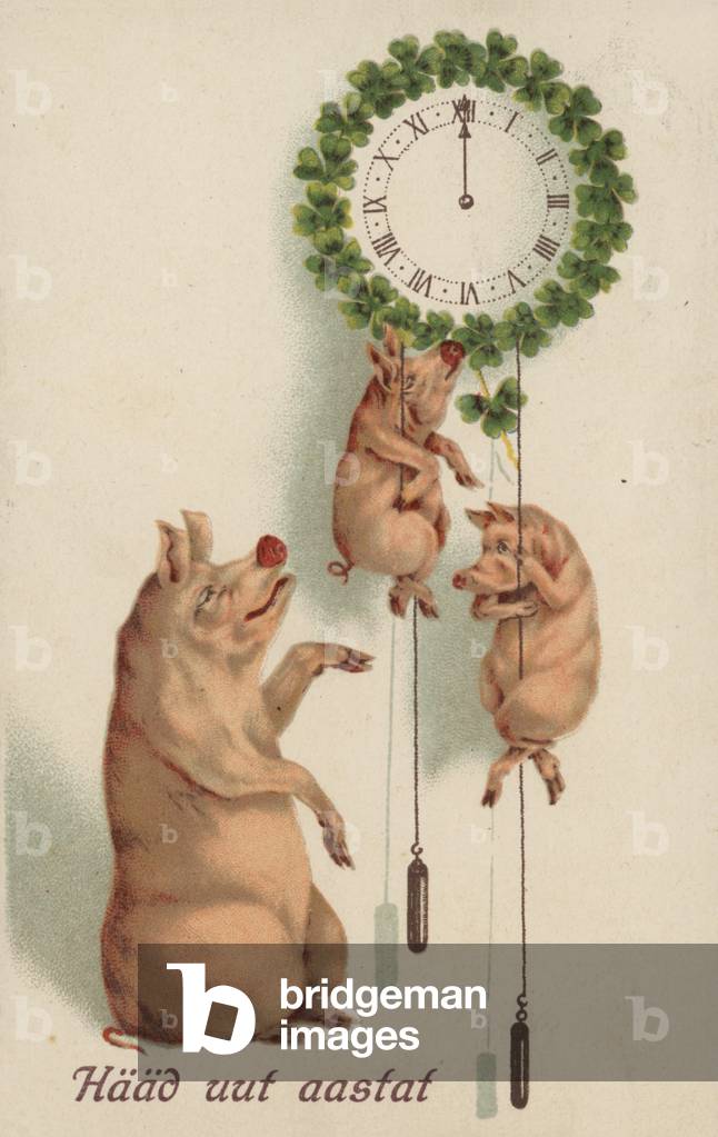 Image of Pigs setting the time on a hanging clock (colour litho) by ...