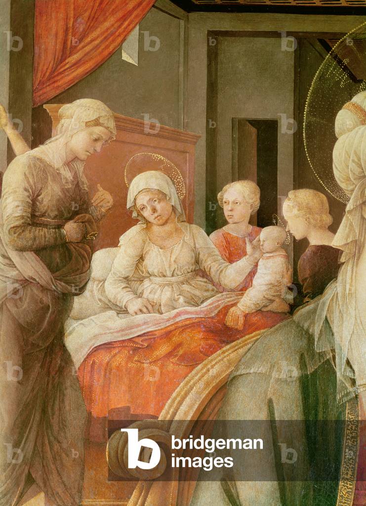 Tondo Bartolini, Madonna und Kind (Geschichte von Maria), Detail der Geburt der Jungfrau, 1452 (Öl auf Holz)