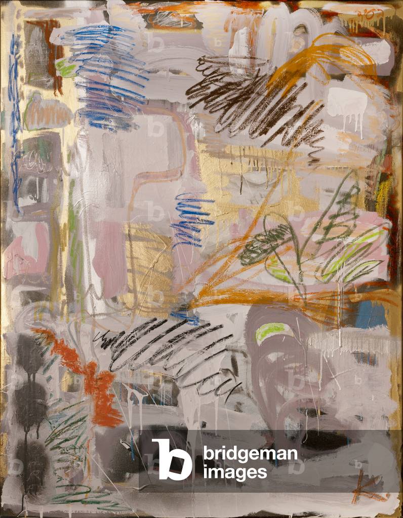 Pockets Of Information, 2021, (Aerosol, Acryl, Öl, Pastell, Wandfarbe und Kohle auf Leinwand)