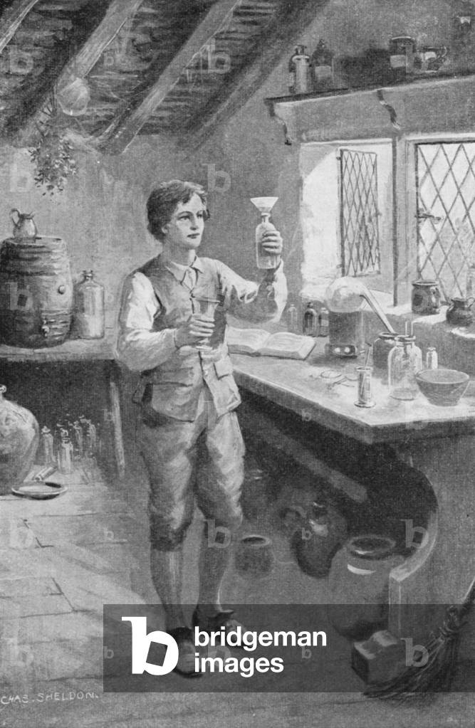 Le jeune Humphry Davy faisant ses premières expériences (litho)