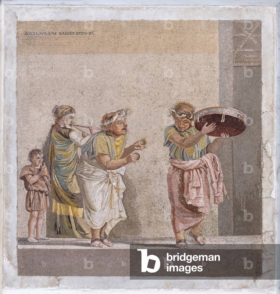 Comedy-Szene: Wandermusiker, signiert von Dioscuride aus Samo (Mosaik)