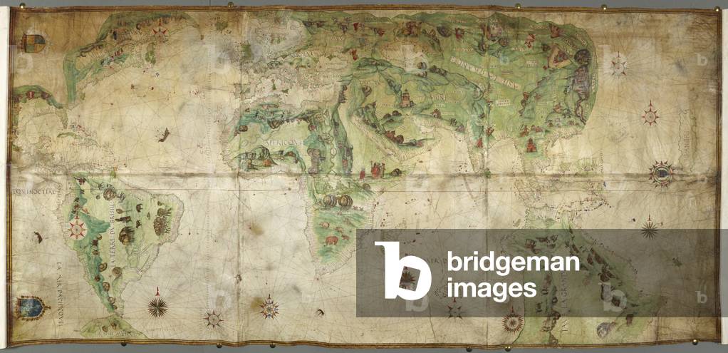 Eine Weltkarte, eine Karte der Welt, mit den französischen königlichen Armen. Ein Werk aus dem 16. Jahrhundert