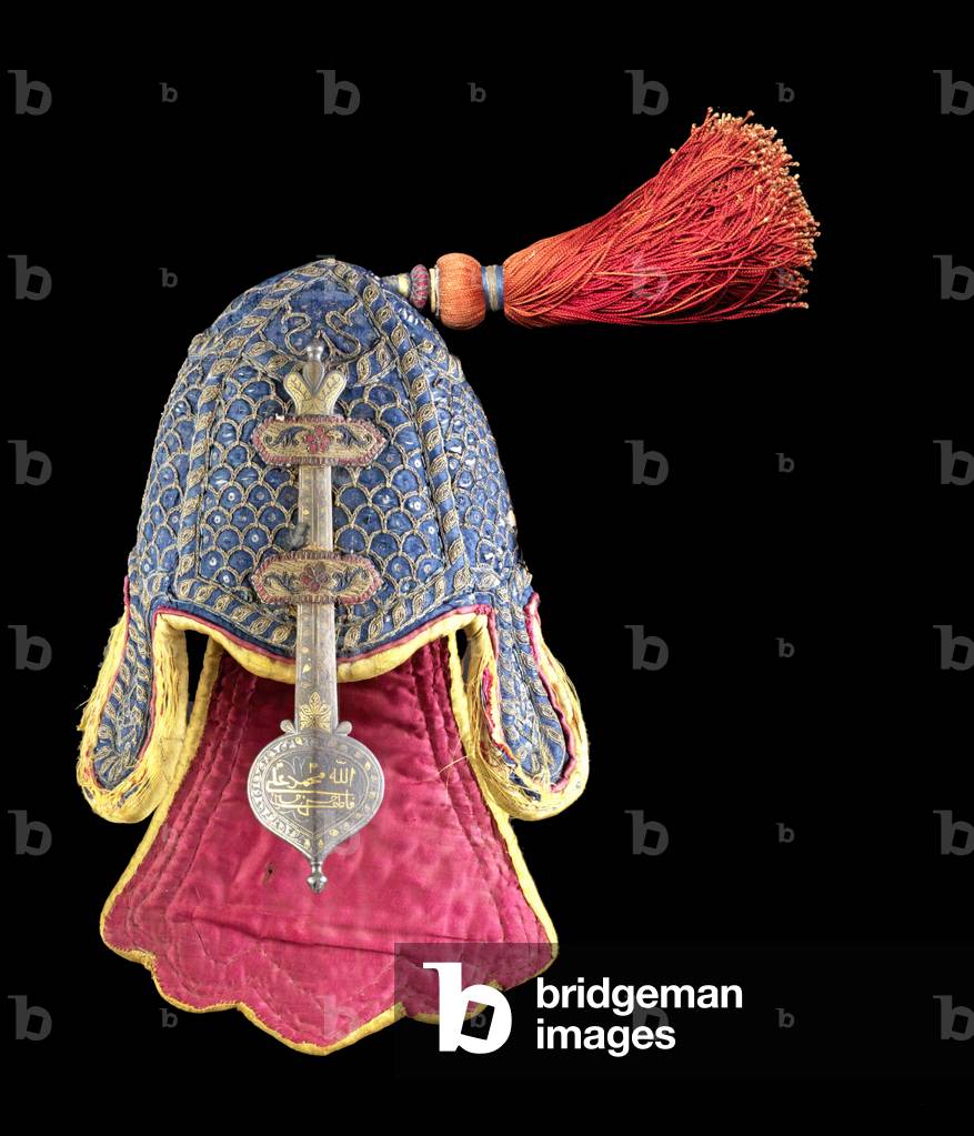 India: Casco trapuntato con barra nasale in oro e acciaio dalla corte di Tipu Sultan, Seringapatam, c. 1787-93