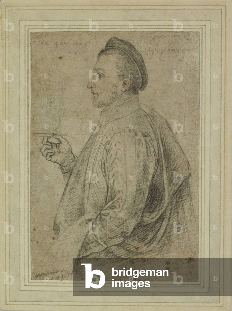 ein porträt von einem gentleman in profil zu der linken haltend ein platte (schwarz & rot kreide auf papier)