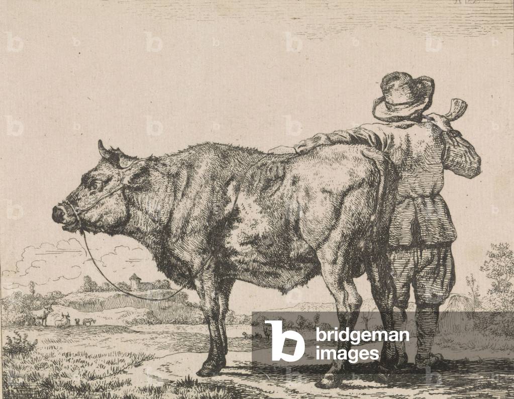 Uomo in piedi con toro (incisione)