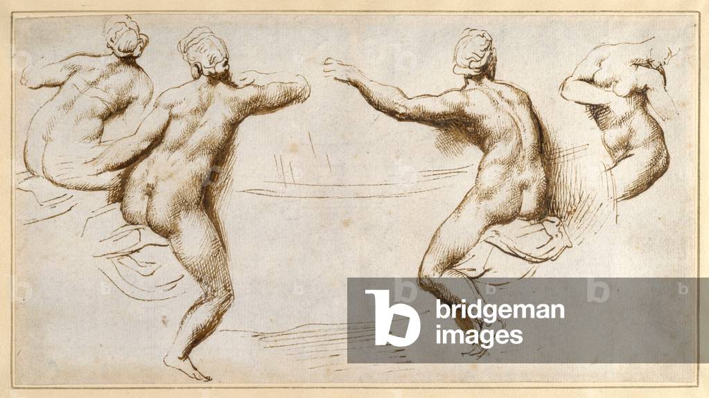 Quattro nudi femminili circondano un bacino (penna & inchiostro su carta)