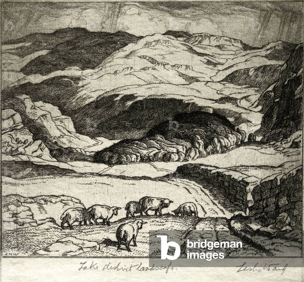 Lake District Landscape (etching) by Leslie Moffat Ward, b/w