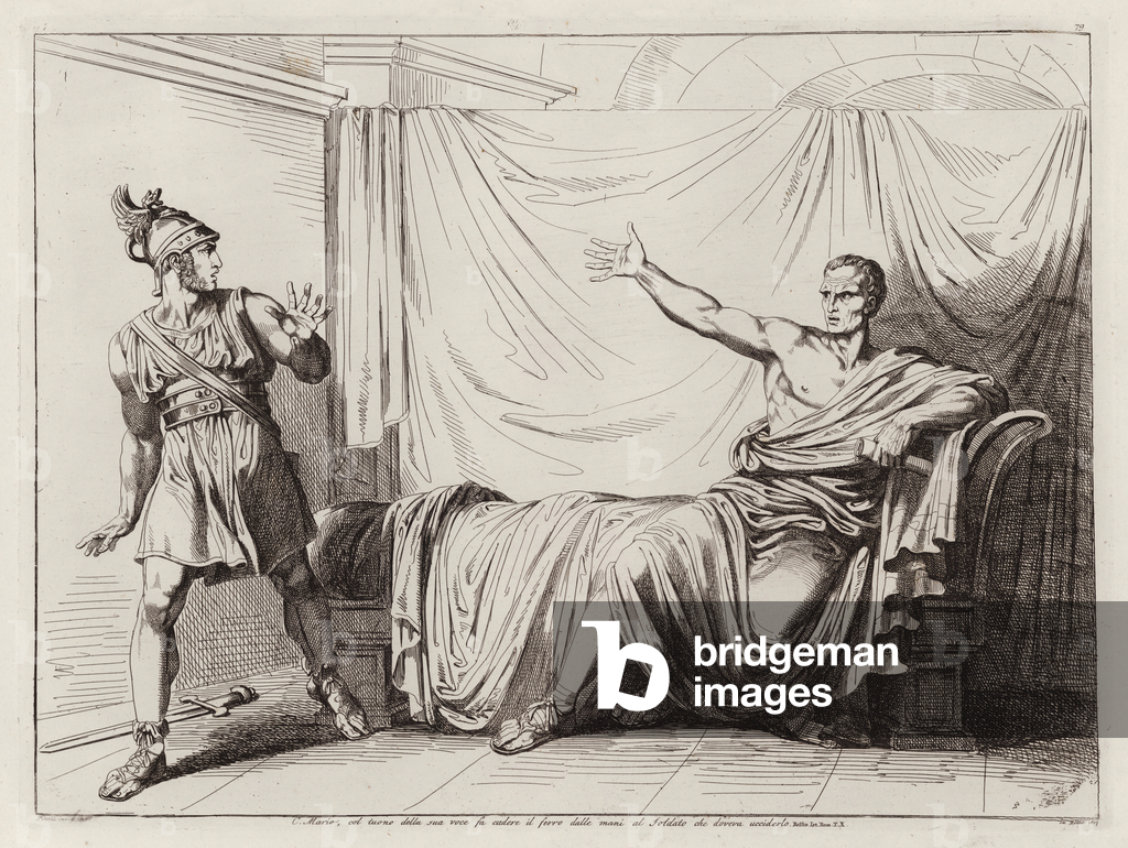 Image of Print depicting Gaius Marius scaring the soldier sent to murder him (etching) 1801 by Bartolomeo Pine