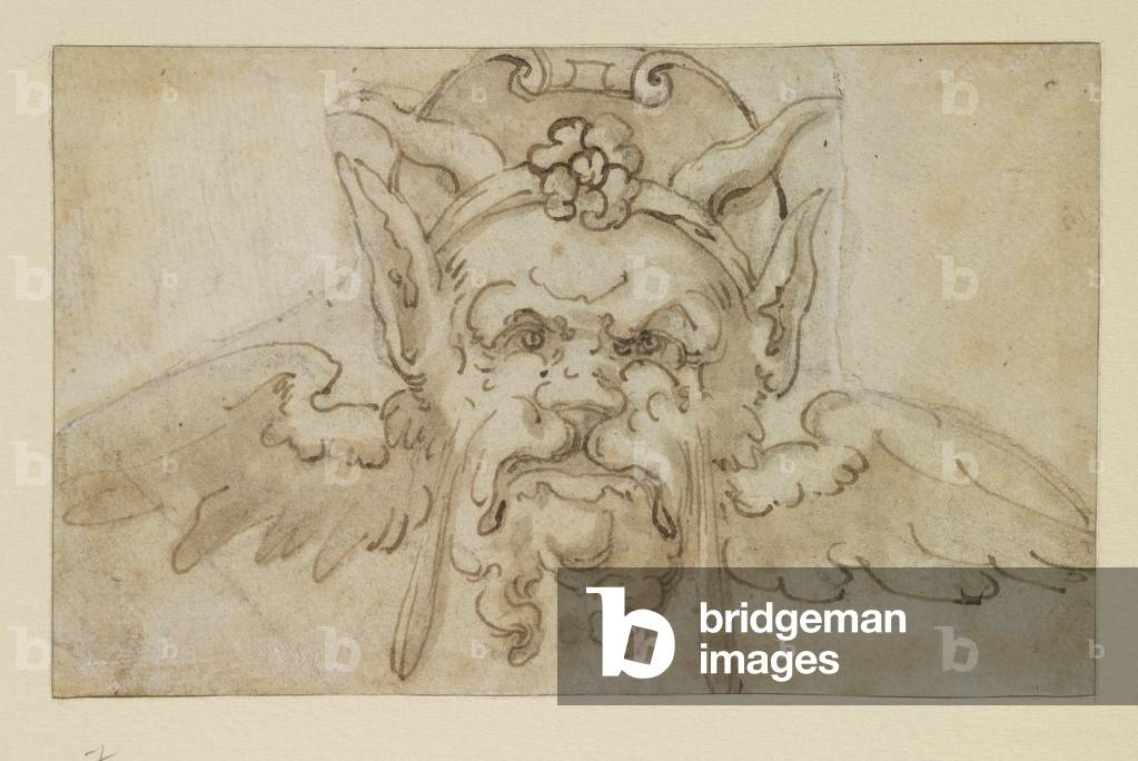 Masque grotesque, 17ème siècle (craie noire, stylo et encre brune, lavage brun sur papier vergé)
