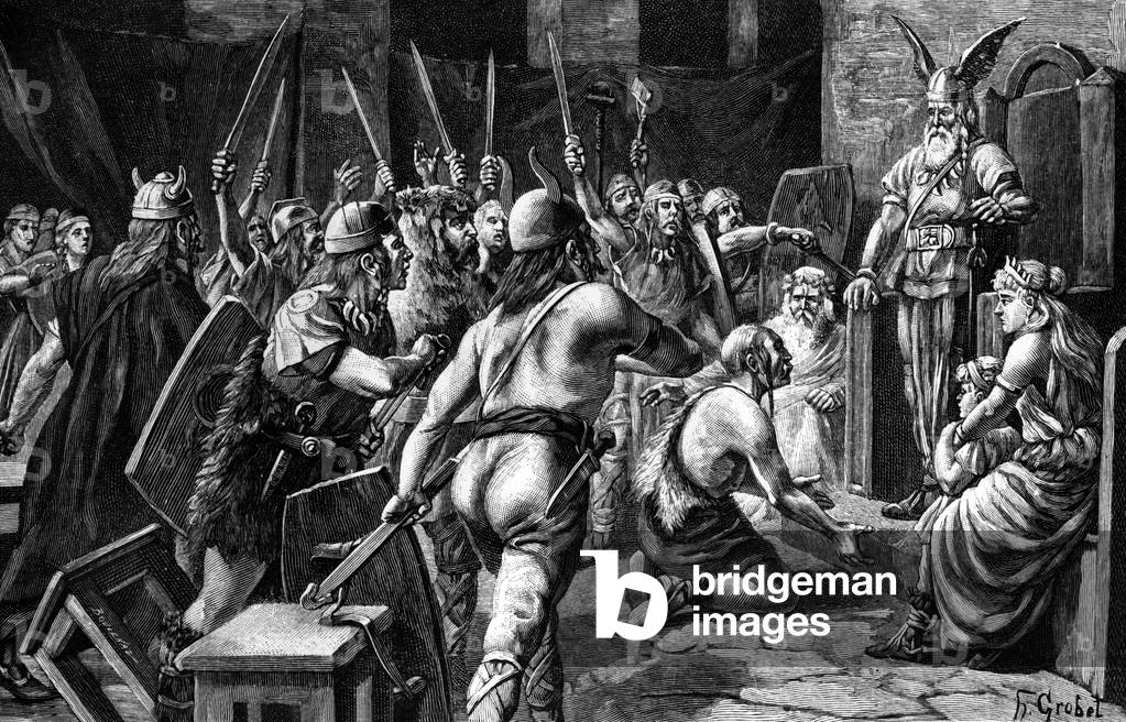 Leader gallico (con elmo alato) rallegrato dai suoi guerrieri con la loro spada, incisione del XIX secolo da B