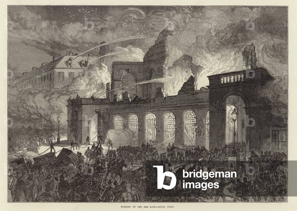 Image of Engraving depicting Burning of the old opera house 1801 by English Artist, b/w