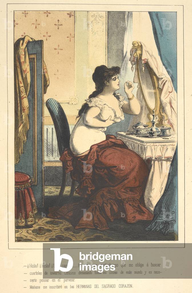 Clarita, in ihrer Garderobe, findet ein graues Haar und denkt an ihre Zukunft.