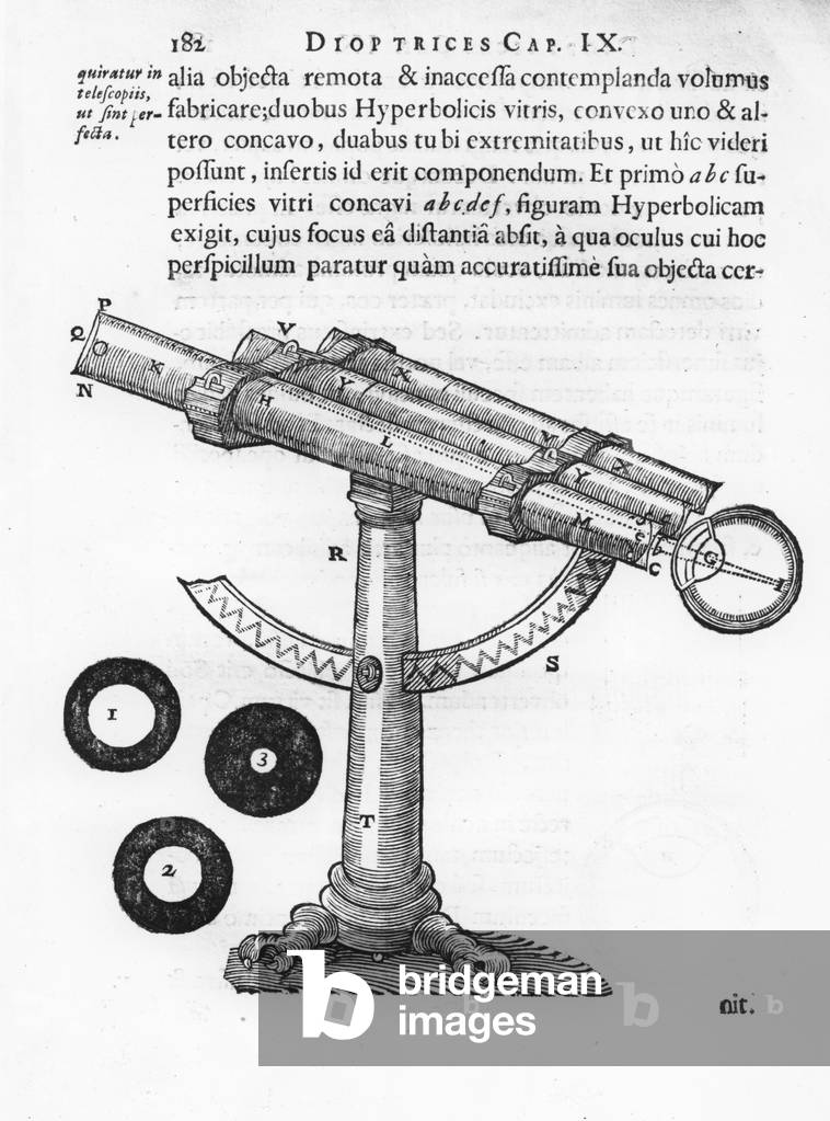 Telescope, illustration from 'Les Principes de la Philosophie', by René Descartes, 1647 (engraving)