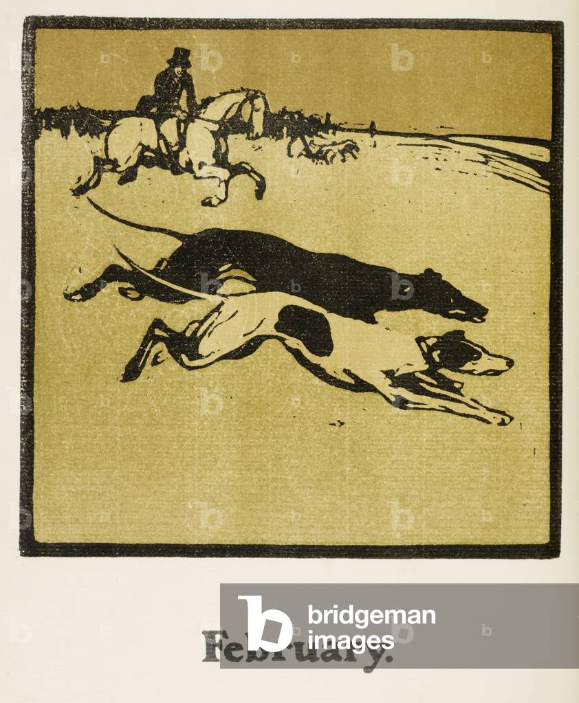 Immagine da un calendario sportivo. Febbraio. A caccia con i cani. Un cavaliere e un branco di cani.