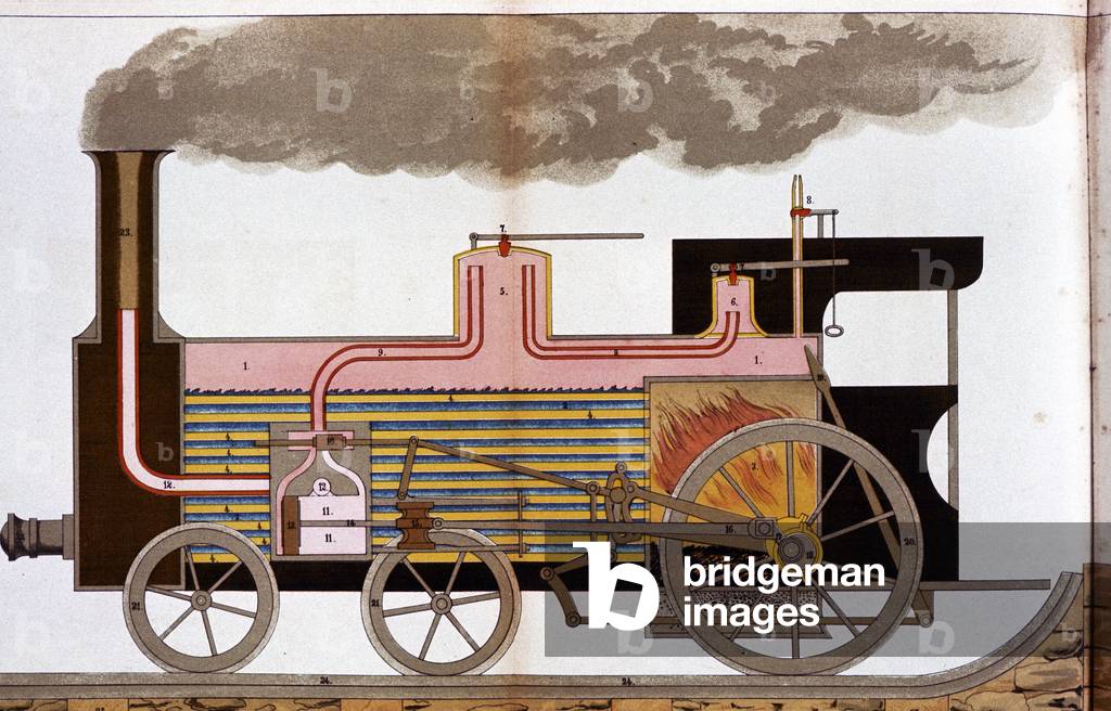 Sectional view of a mid-19th century steam railway locomotive showing firebox and boiler tubes. 1882 (chromoli