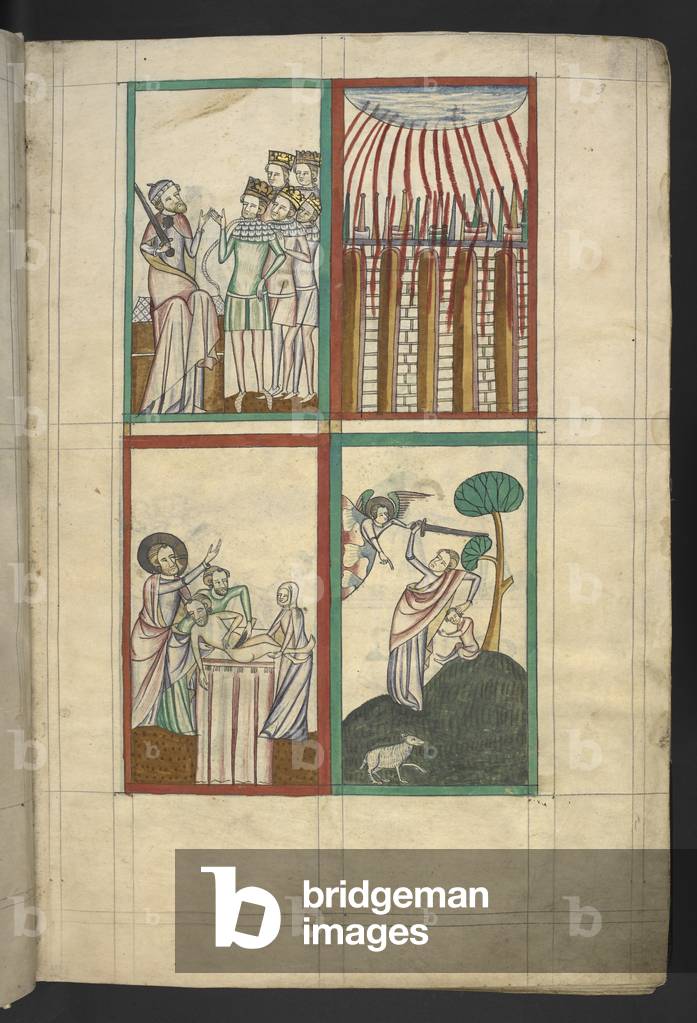 "Quattro miniature: 1. Abramo e cinque re in cattività; 2. la circoncisione di Abramo; 3. l'incendio di Sodoma