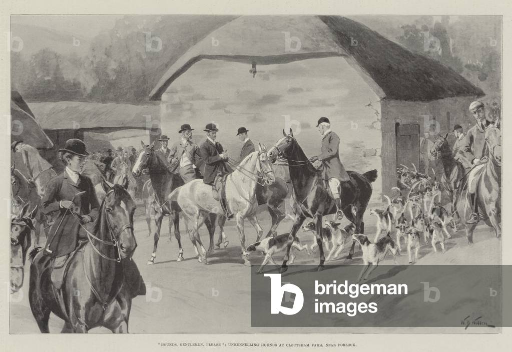 "Hounds, Gentlemen, Please", unkennelling Hounds at Cloutsham Farm, near Porlock (litho)