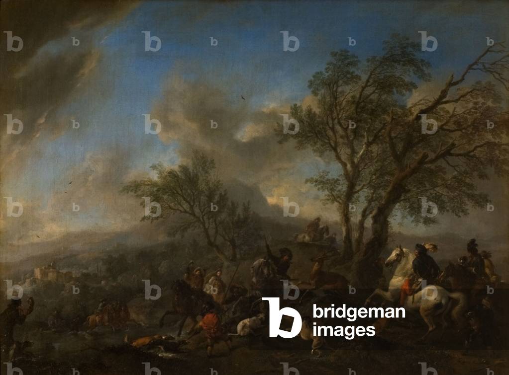 Immagine di Dipinto "Un paesaggio boschivo con caccia al cervo (olio su tela)" di Philips Wouwermans or Wouver