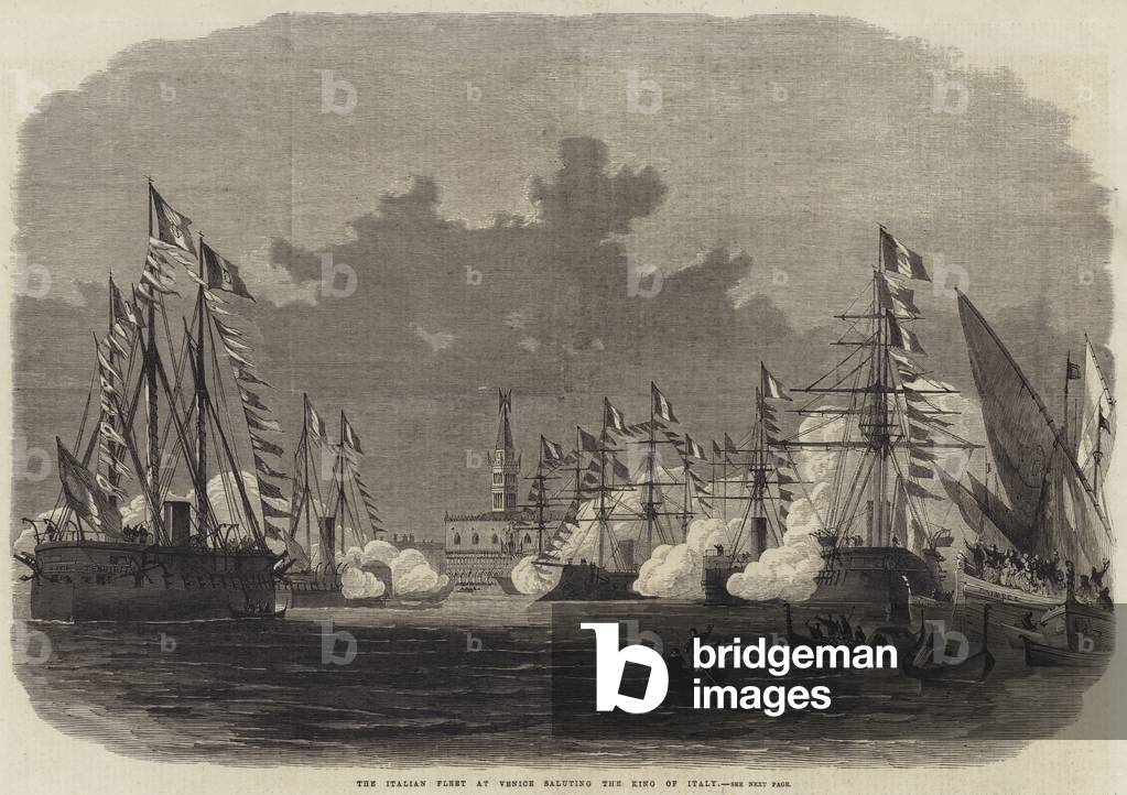 "il italiano flotta a Venezia salutando il re di italia (incisione)" di English School, b/w