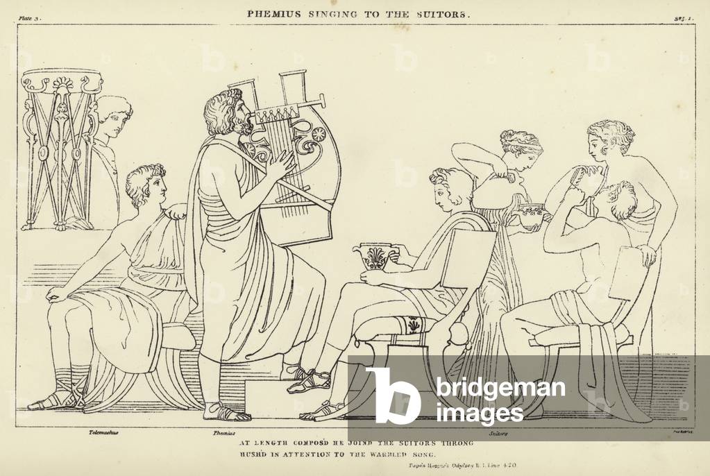 Phemius singt zu den Suitors (Gravur)