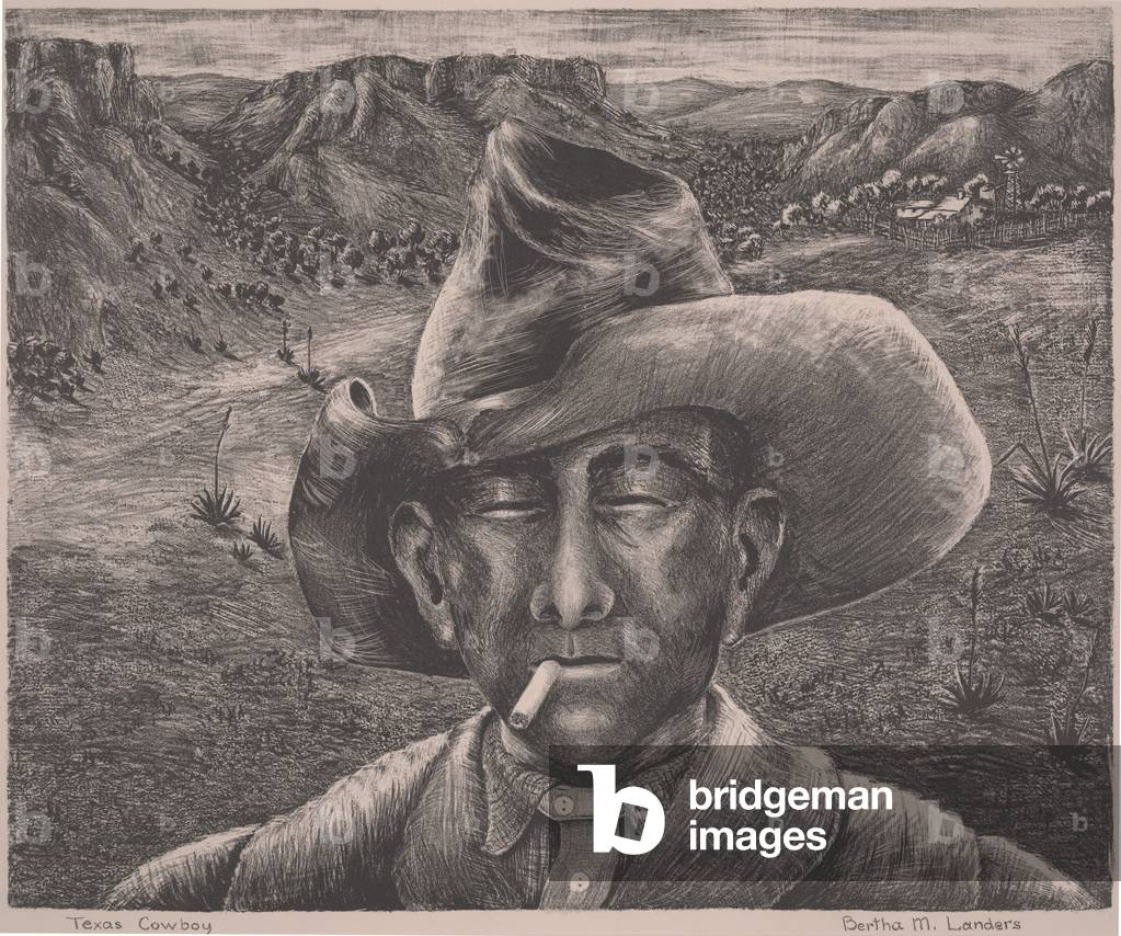 Bild von Druck "Texas Cowboy", c.1940 von Bertha M. Landers