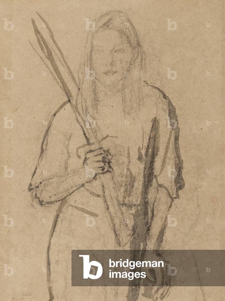 Bild von Zeichnung "Stehendes Mädchen mit Holzpfosten in der Hand (Bleistift & waschen auf Papier)" von Gwen J