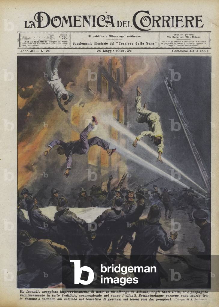 Un incendio scoppiato improvvisamente di notte in un albergo di Atlanta, negli Stati Uniti  (colour litho)